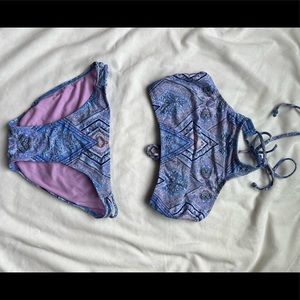 Purple paisley high neck D/DD top, Small bottoms, full coverage, tied on side